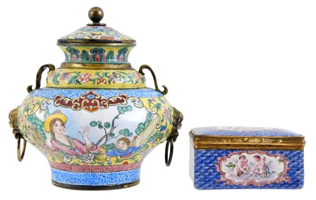 Two hand painted enamel containers, 20th C., the first a Japanese-made European style urn, yellow