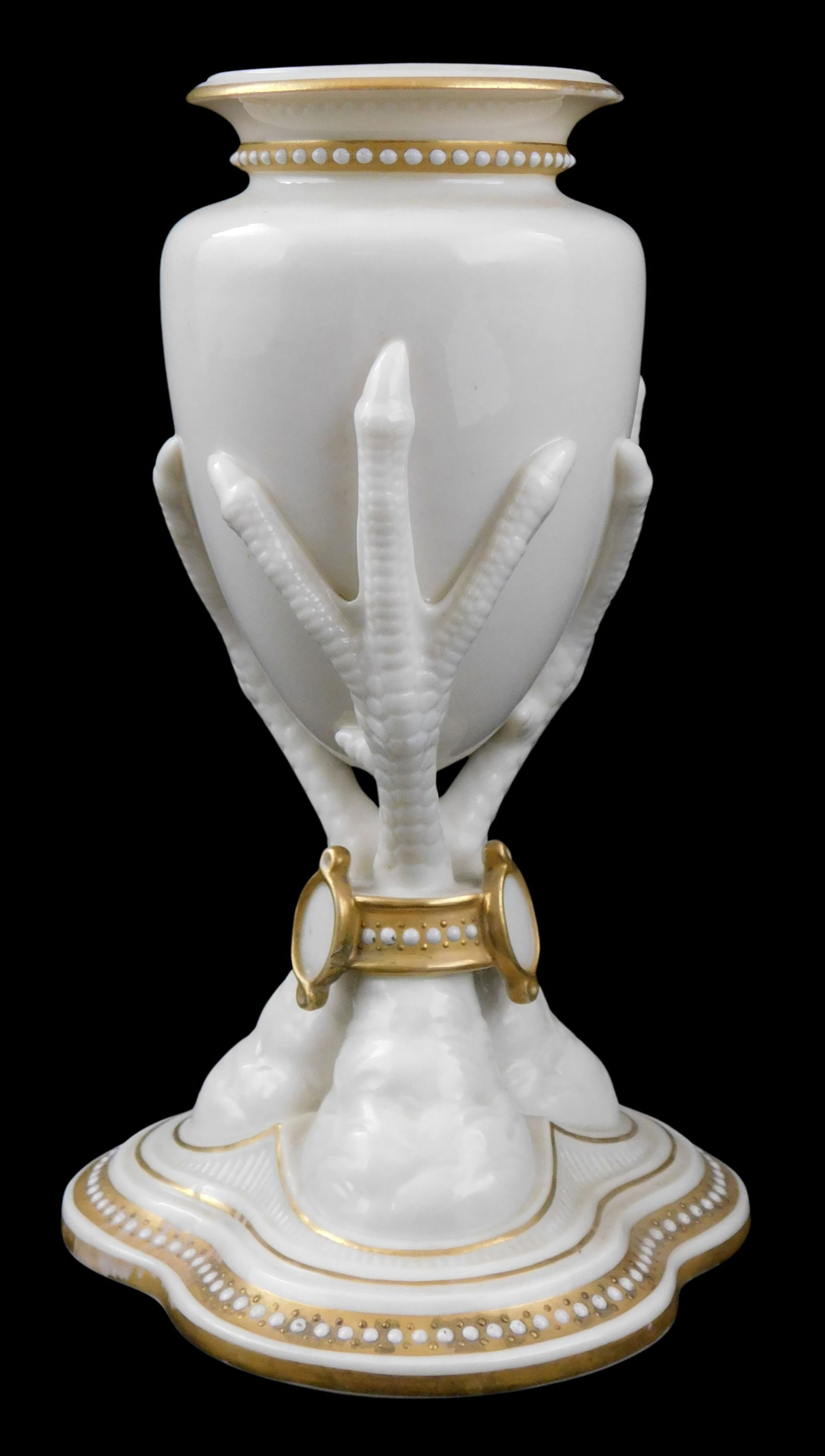 Royal Worcester porcelain "St. Aubyn" porcelain spill vase, 19th C., English, amphora form vase: Royal Worcester porcelain "St. Aubyn" porcelain spill vase, 19th C., English, amphora form vase raised by chicken feet supports, jeweled "pearl" borders at rim, waist and tri-lobed base, maker's red s