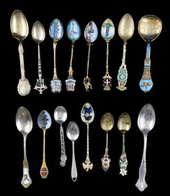 SILVER, etc.: Sixteen silver souvenir spoons, consisting of sterling, 800, and tested non-silver,