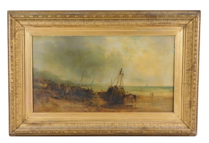 British Seascape, 19th C., oil on canvas, a shoreline village and ships at low tide, indistinctly