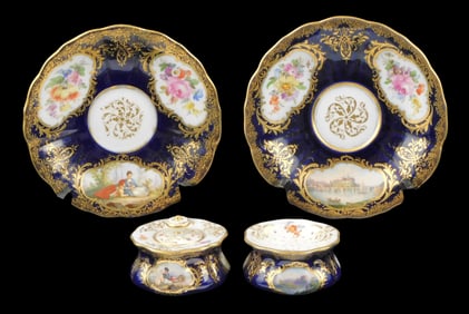 Meissen topographical sander and liner, late 19th C., decorated with handpainted scenes of