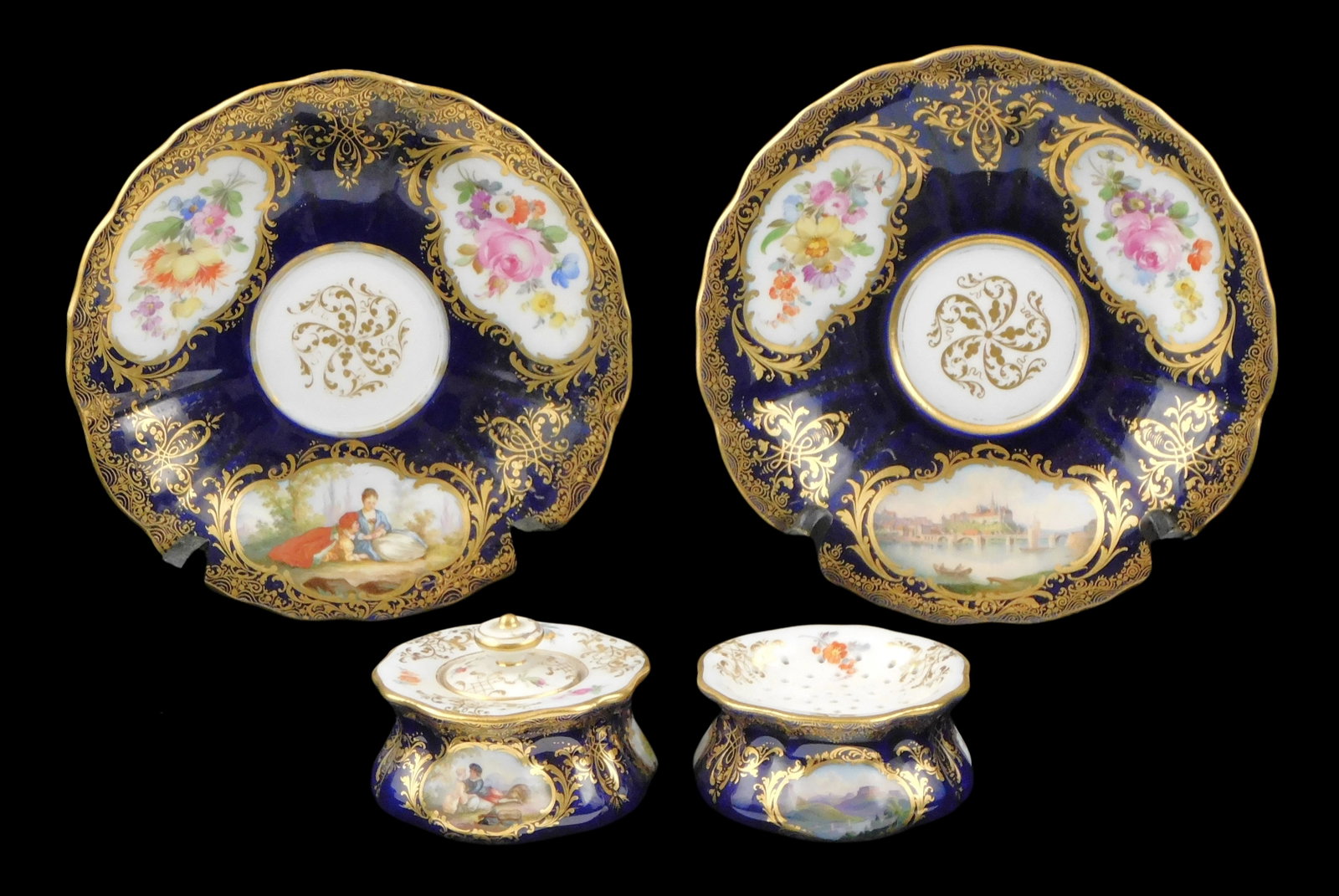 Meissen topographical sander and liner, late 19th C., decorated with handpainted scenes of: Meissen topographical sander and liner, late 19th C., decorated with handpainted scenes of Winterberg and Meissen and flowers on cobalt and gilt ground, marked on base; along with a similar Meissen in