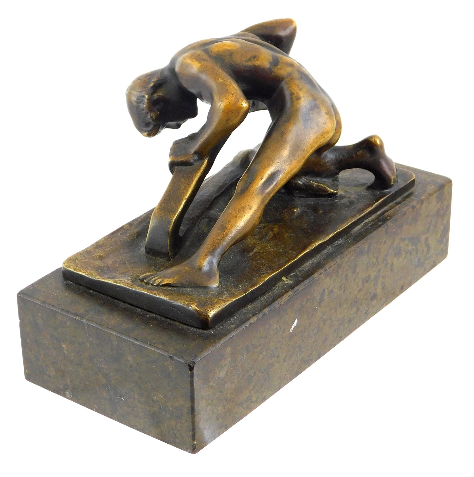 SCULPTURE: Stanislas Lewandovsky (Polish, 1859 - 1940) "The Helmsman" 20th C., a male nude is bent: SCULPTURE: Stanislas Lewandovsky (Polish, 1859 - 1940) "The Helmsman" 20th C., a male nude is bent over an oar, on a stone plinth, incised signature "Lewandowski", wear consistent with age including e