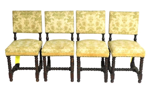 Four side chairs, late 19th-20th C in Jacobean style, hardwood, upholstered in yellow damask with