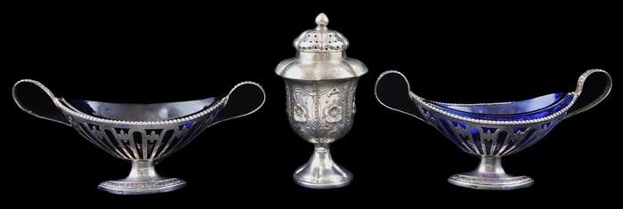 SILVER: Three pieces of silver condiment servers, two with cobalt glass liners, 19th C. or earlier,