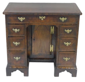 +Kneehole desk, English, 18th C, burl walnut on oak, top with banding and book-matched veneer over