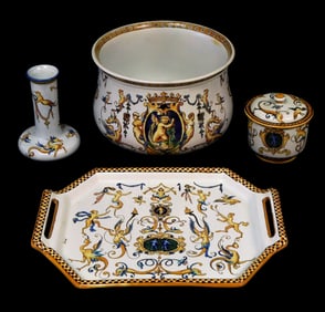 French Gien Faience pottery, four pieces, all with maker's stamp to base, details include: largest a