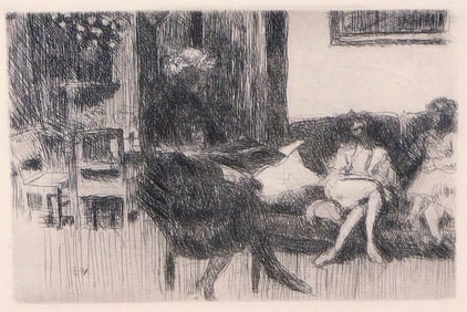 Edouard Vuillard (French 1868-1946), "Interior au Canape au Soir", 1930, etching, depicts woman