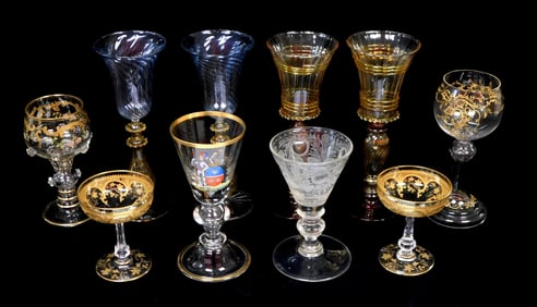 GLASS: Ten Continental ornately decorated goblets, 19th/ 20th C., items of interest include: finely