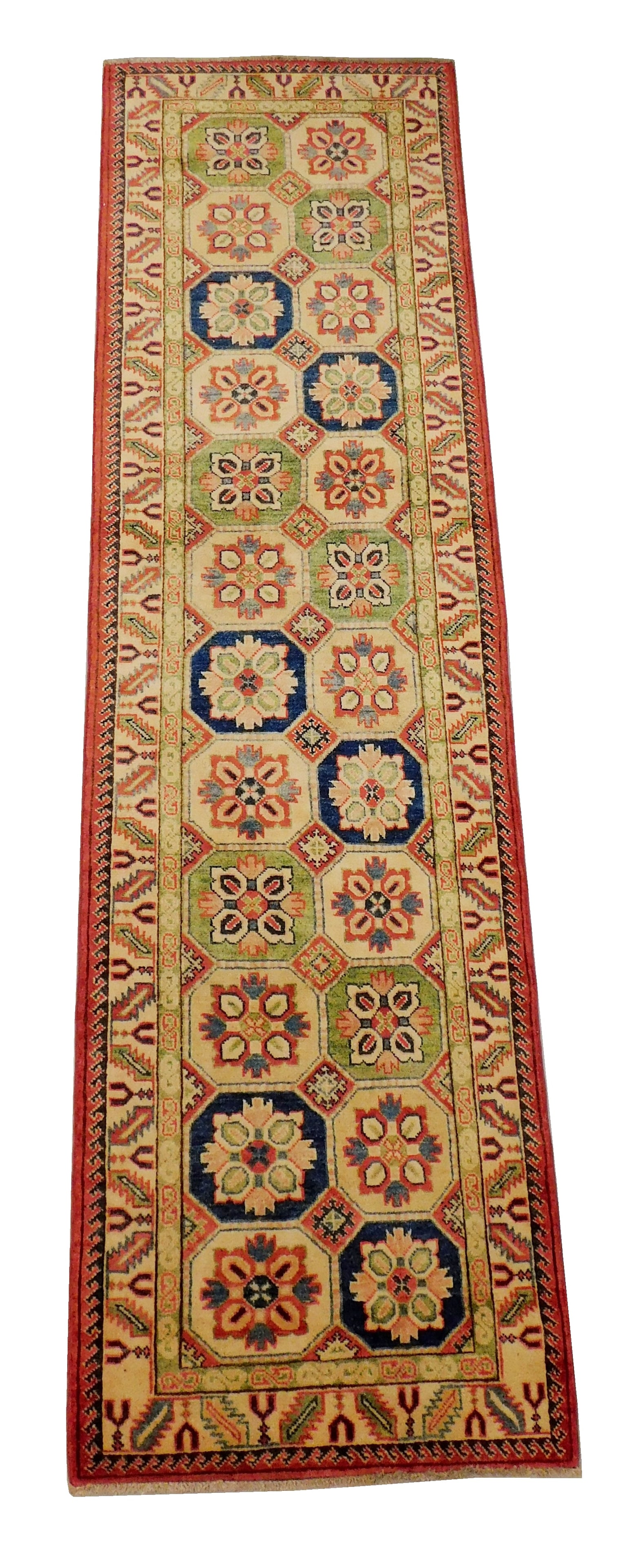 RUG: Uzbek Kazak runner, 2' 8" x 9' 6", wool on cotton, navy, light red and celadon geometric design (1 of 3)