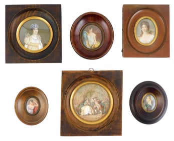 Six hand painted Continental miniatures depicting women and one couple in wooden frames, 19th/20th
