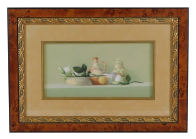 Pastel still life signed "Prase Jacyrelis" or similar, 20th/ 21st C., depicts ceramic vessels, white