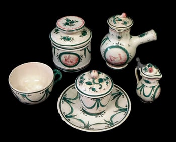 French Sceaux Faience porcelain tea set, late 19th C., six pieces, all with decorated with green