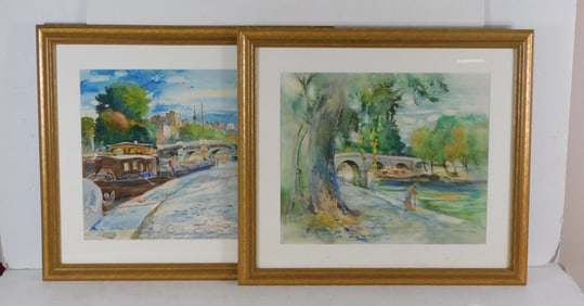 Two Parisian watercolors, "The Fisherman on the Seine" and "The Pont Nuef and the Cete" both dated