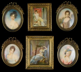 Six hand painted Continental miniatures depicting women in brass frames, 19th/20th C., details