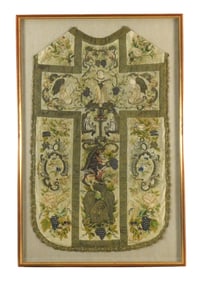 Ecclesiastical vestment: Chasuble, Continental, probably 18th C., cream silk with, polychrome and