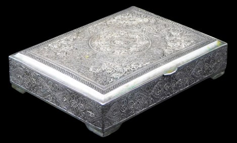 SILVER: Russian '84' silver cigarette box with intricate floral repousse design throughout,