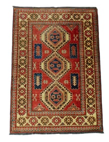 RUG: Modern Peshawar Afghan, 5' 3" x 3' 9", wool on wool, red field, deep cream primary border,