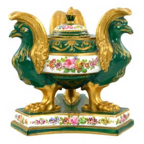 Sevres style French Napoleonic porcelain inkwell, 19th C., France, Empire style decoration of three
