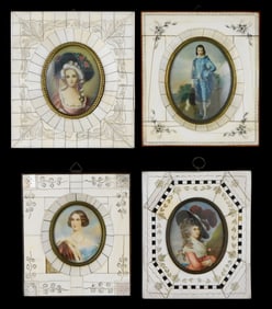 Four hand painted Continental miniature portraits in bone frames with etched details, 19th/20th C.,