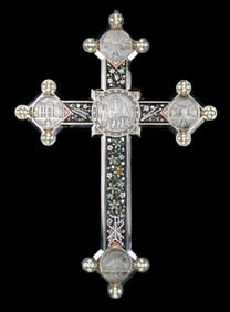 Large Italian micro mosaic cross, 20th C., with embossed metal plaques, at center is Jesus