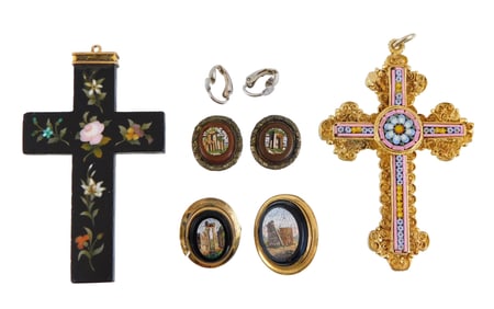 Four pieces of micro mosaic and Pietra Dura jewelry, details include: miniature micro mosaic pin