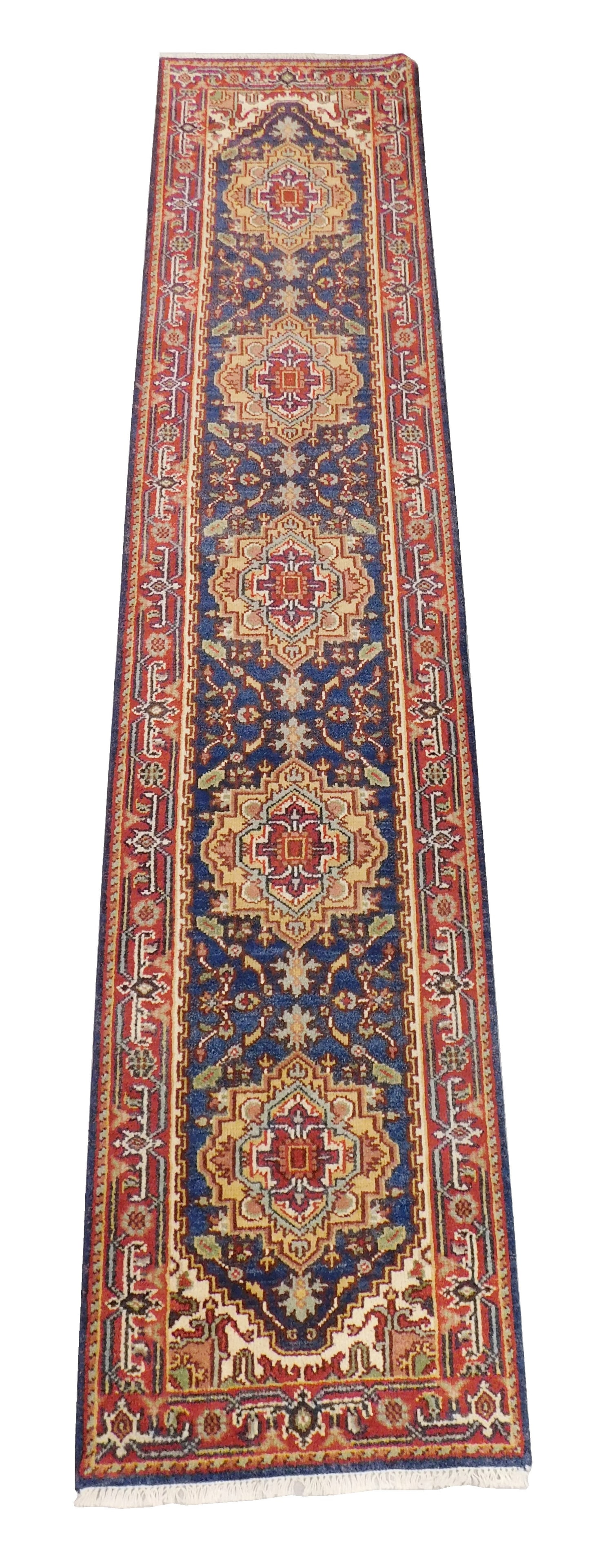 RUG: Agra Serapi runner, 2' 7" x 12', wool on cotton, gold, cream, celadon and light blue geometric (1 of 3)