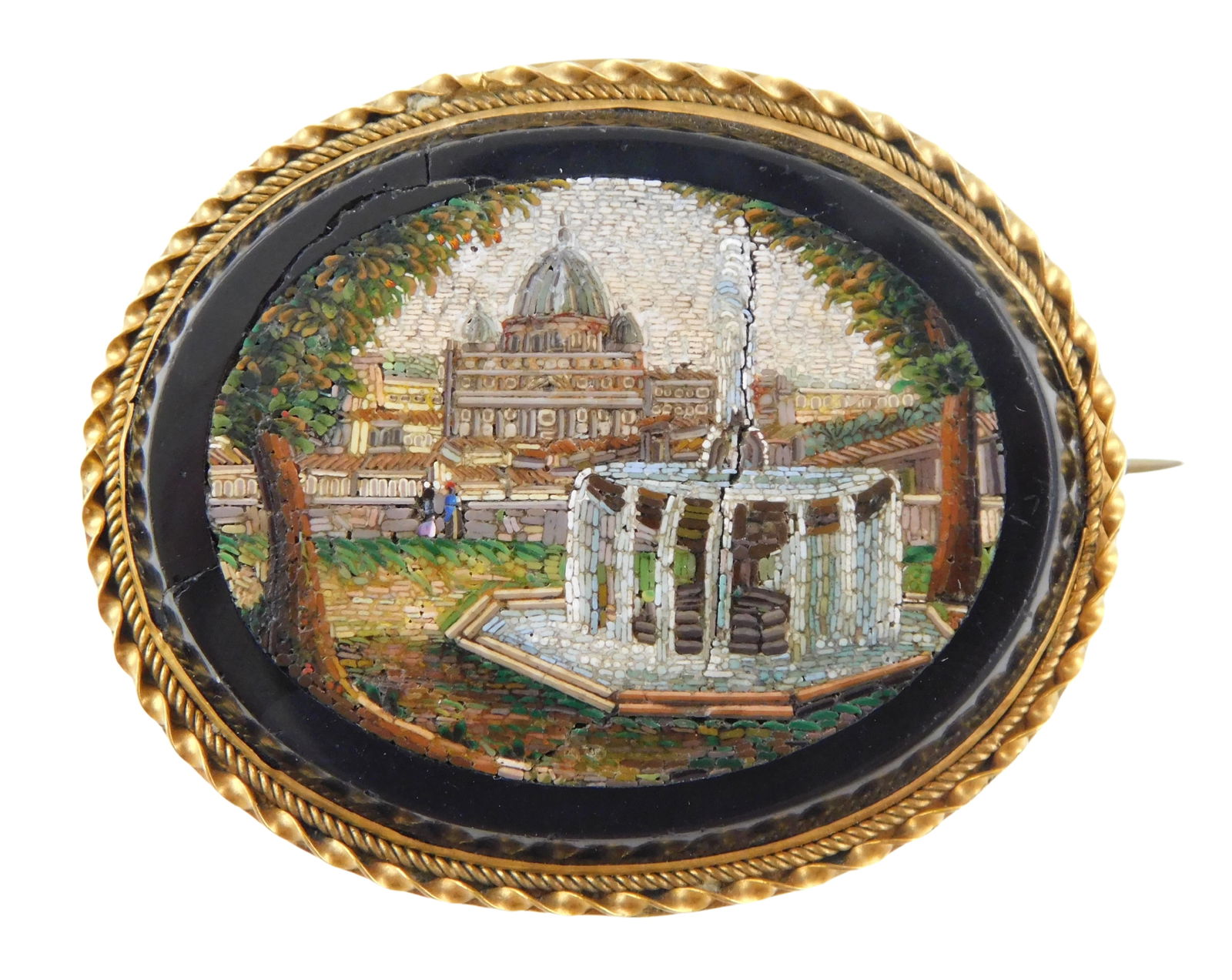 18K Micro mosaic pin, surround edge tested 18K yellow gold, set with an oval micro mosaic finely (1 of 2)