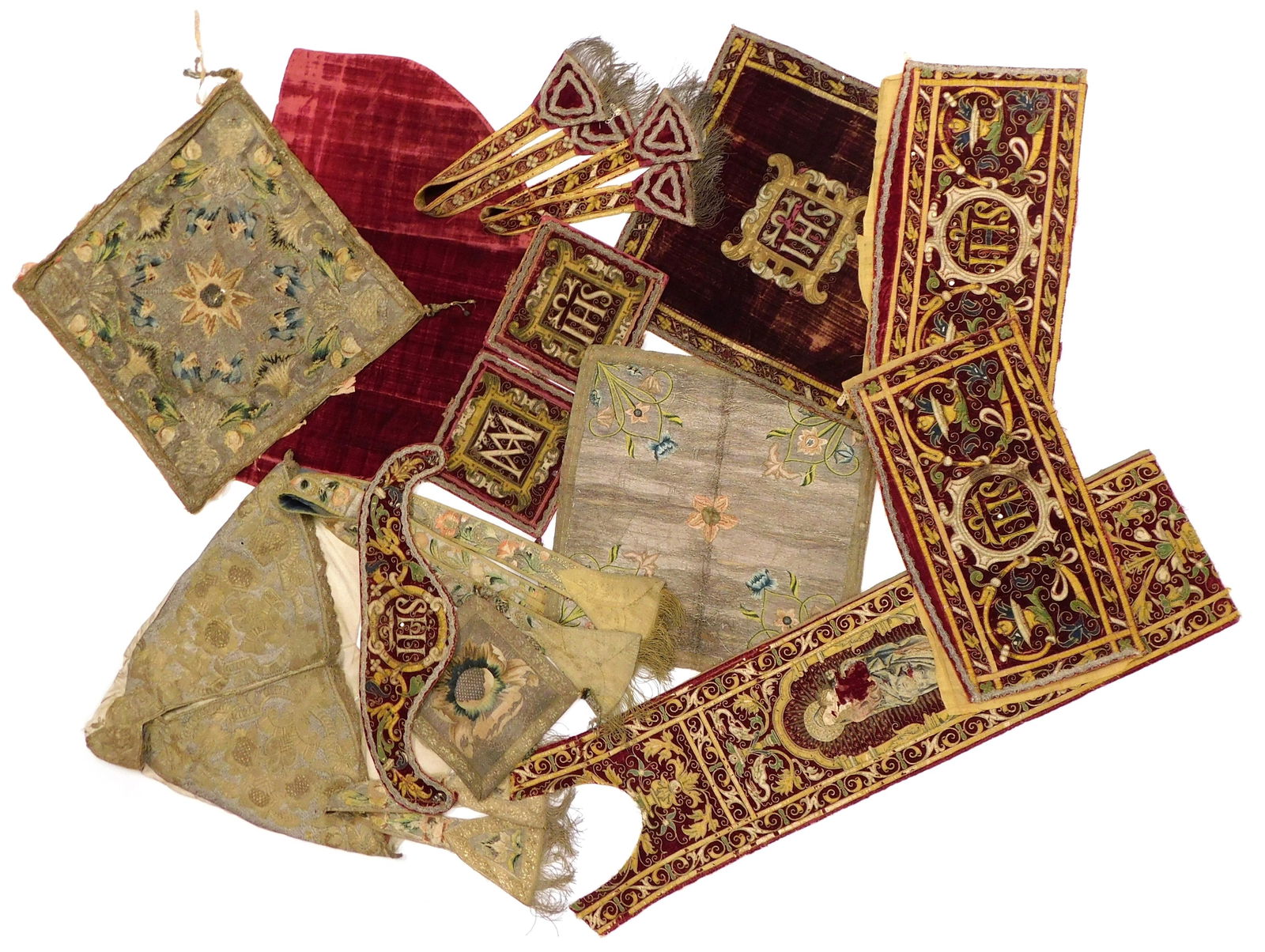 Ecclesiastical embroideries, fifteen total pieces, Continental, probably 18th C. and earlier, pieces (1 of 3)