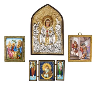 Four Religious themed display pieces, 20th c., details include: hand painted enamel metal plaque,