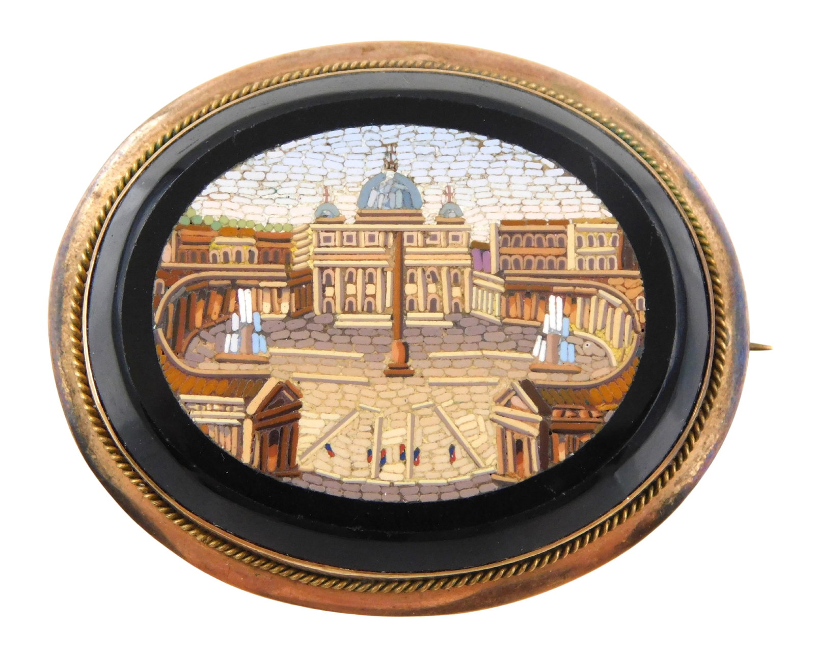 14K Micro mosaic pin, surround edge tested 14K yellow gold, set with an oval micro mosaic design of (1 of 2)