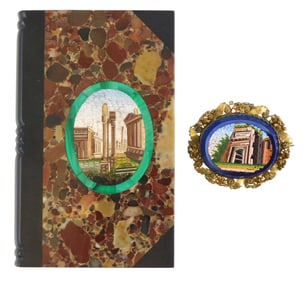 Two micro mosaic pieces, including one hardstone book-form paperweight with micro mosaic to cover,