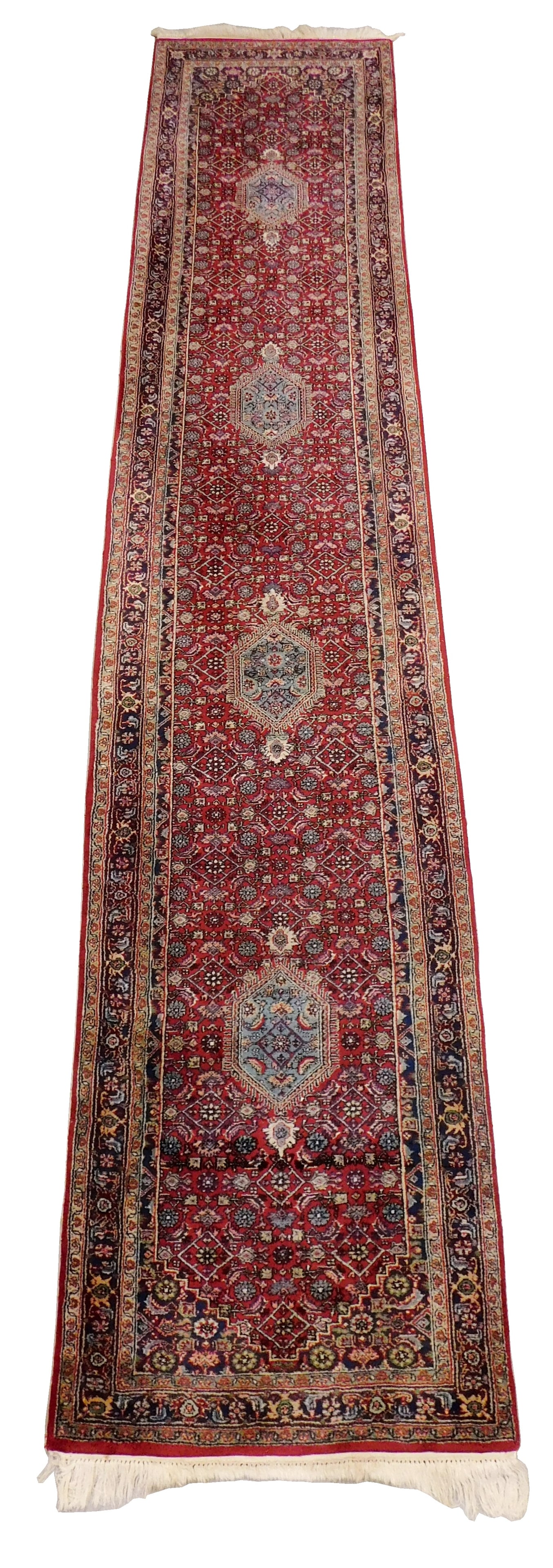 RUG: Modern Indo Persian Bidjar design runner, 14' x 2' 9", wool on cotton, red field, red primary (1 of 3)