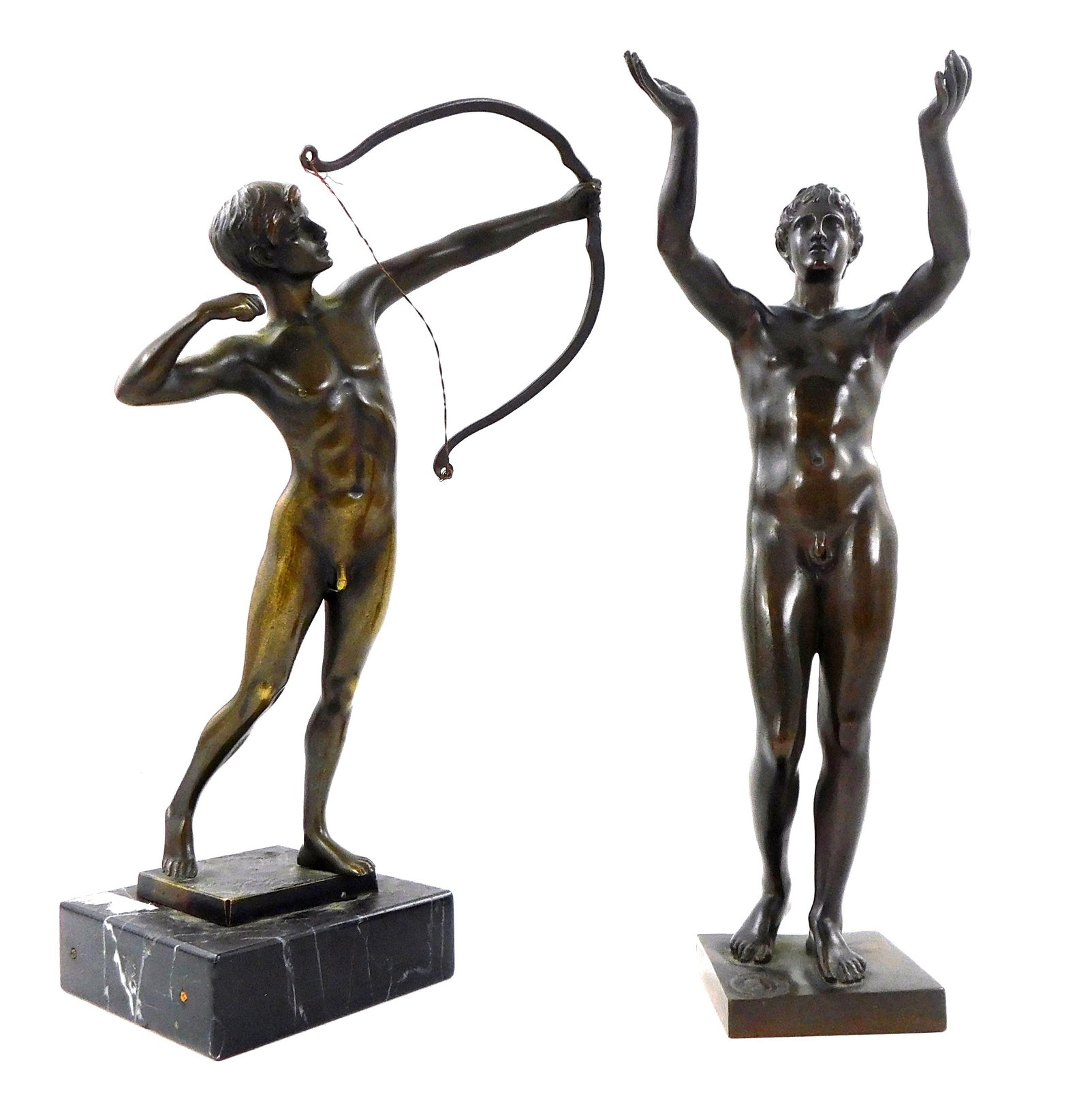 SCULPTURE: Two nude male bronzes; the first, a Grand Tour bronze after the Greek sculpture the: SCULPTURE: Two nude male bronzes; the first, a Grand Tour bronze after the Greek sculpture the 'Praying Boy of Rhodes' a young man stands with arms outstretched, square base, 'Reduction Mecanique' sea
