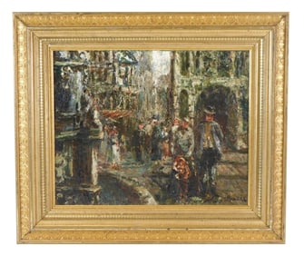 Continental street scene, early 20th C., Impressionistic style, indistinctly signed lower right,
