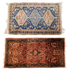 RUGS: Two scatter rugs: Semi-antique Persian Sarouk, 4' 3" x 2', wool on cotton, red field with