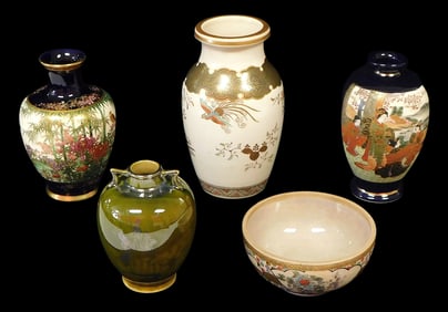 ASIAN: Japanese earthenware, 19th/20th C., including: three small Satsuma vases and a Satsuma bowl,