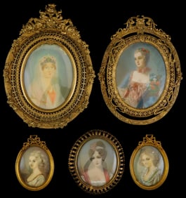 Five hand painted Continental miniature portraits depicting women in brass frames, most with