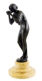 SCULPTURE: Art Deco style woman drinking from a bowl, 20th C. bronze with brown patina, woman in
