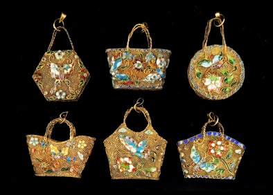ASIAN: Six Chinese cloisonne purse-form pendants, 20th C., all gilt washed with cloisonne floral and