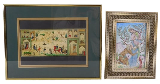 Two Persian framed paintings, 20th C., one on bone-type support and one on porcelain, both signed,