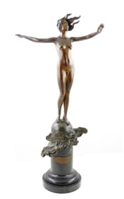 SCULPTURE: "Le Bonheur" French Nouveau bronze, a nude woman stands atop an orb, possibly the moon,