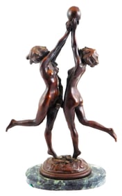 SCULPTURE: Art Deco style bronze of two nude women dancing with the moon, on oblong marble plinth,