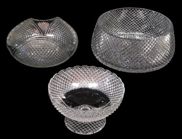 GLASS: Three Contemporary diamond cut crystal hollowware bowls, including: round centerpiece bowl
