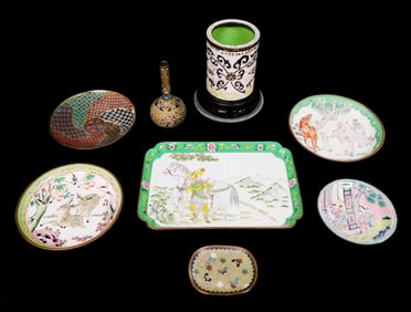 ASIAN: Chinese enamelware, eight pieces, late Qing and later, including: Canton enamel dishes/trays