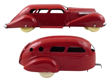 TOYS: Wyandotte pressed steel LaSalle sedan car with detachable travel trailer, c. 1930s-40s, made