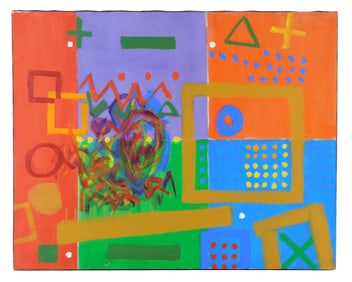 Tom Ingle (Connecticut, 1920-1973), "Circles and Squares", oil on canvas, abstracted composition