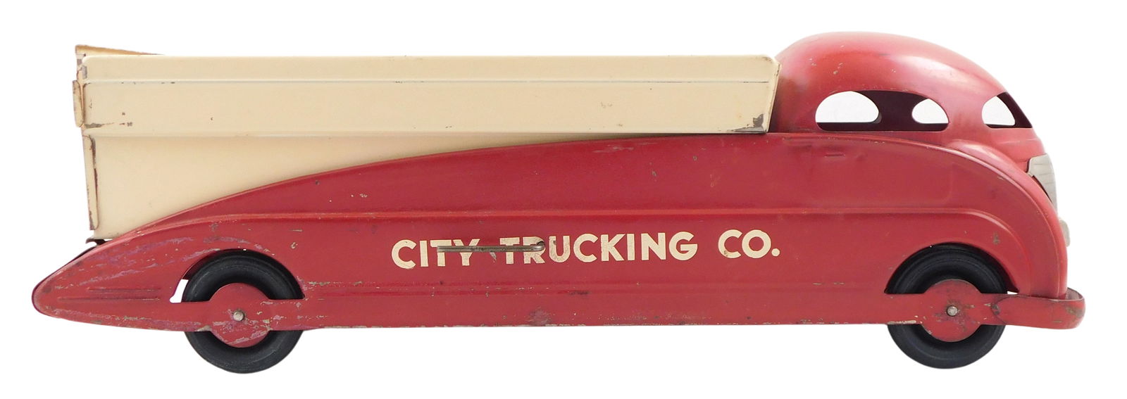 TOYS: Steelcraft City Trucking Co. dump truck, c. 1940s, original condition, red body with cream bed (1 of 5)