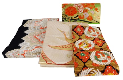 ASIAN: Three Japanese Obi and other embroidered accessories, six pieces total, 20th C., including: