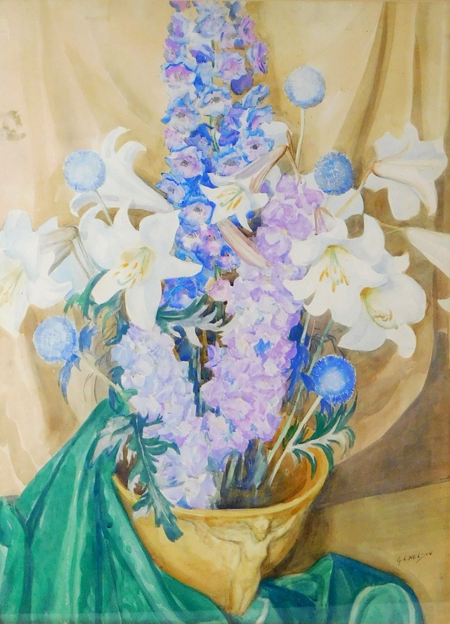 George Laurence Nelson (American, 1887 - 1978), "Lilies + Delphinium", watercolor on paper, floral (1 of 5)